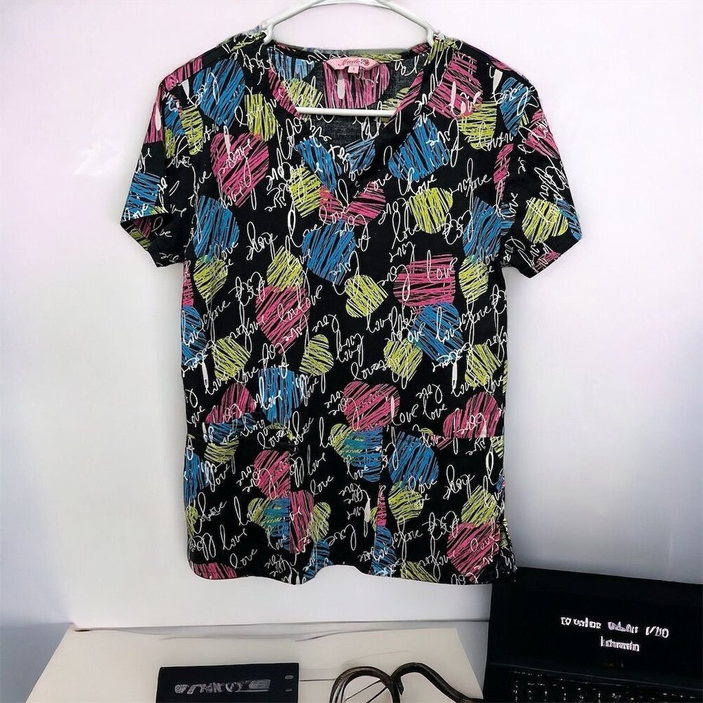 Multicolor Graphic Love Scrubs Top Short Sleeve Size‎ S Medical Casual